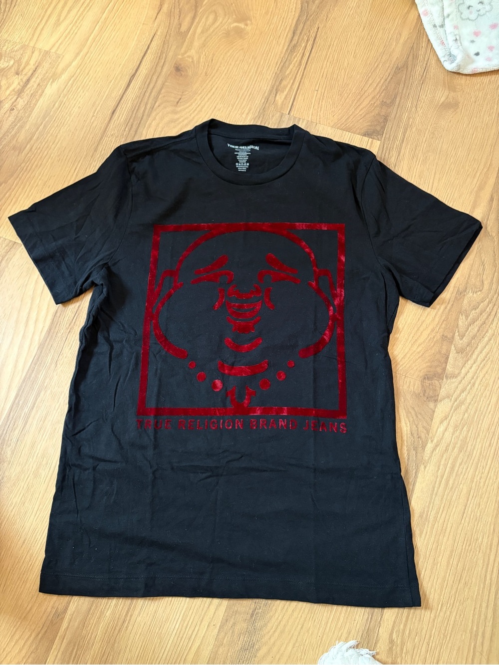 True Religion Black Tee with Red Buddha Graphic
